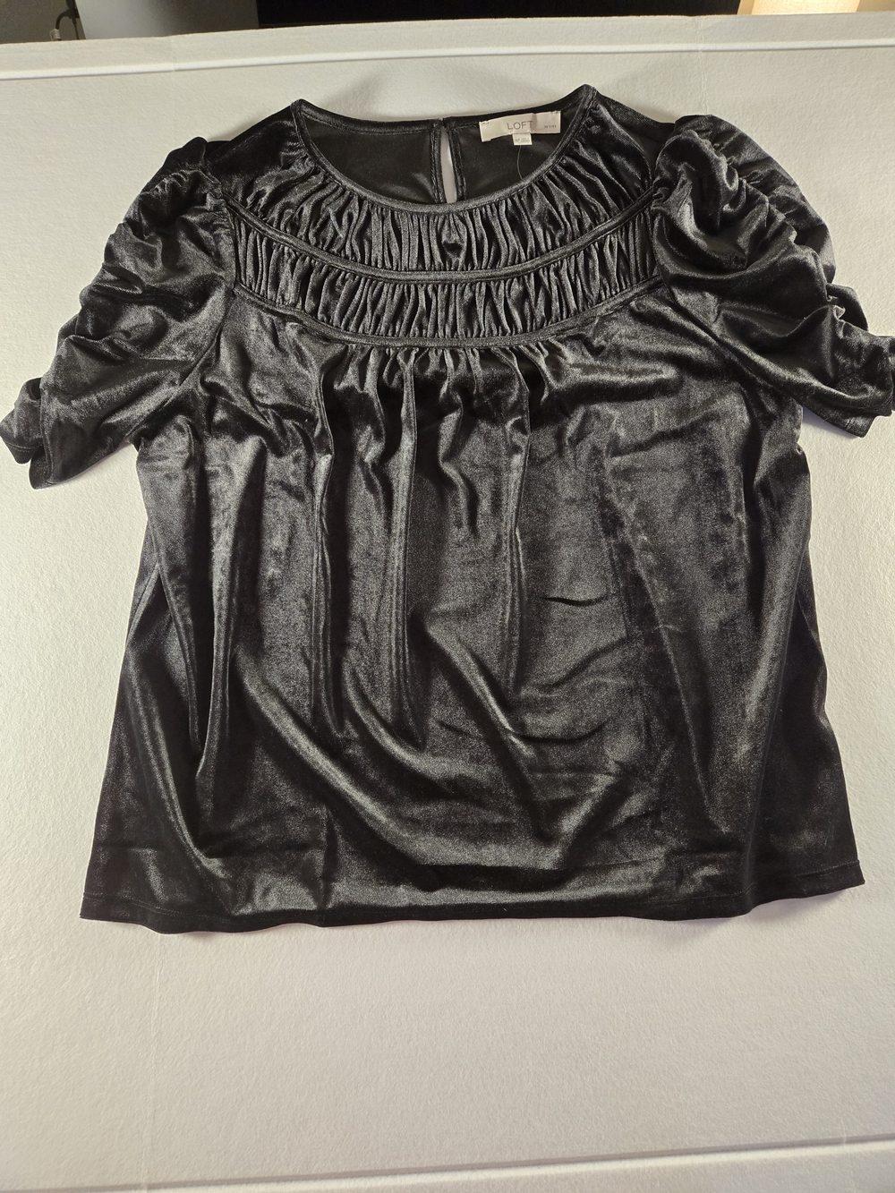 LOFT Black Velvet Short-Sleeve Ruched Yoke Top Petite XL